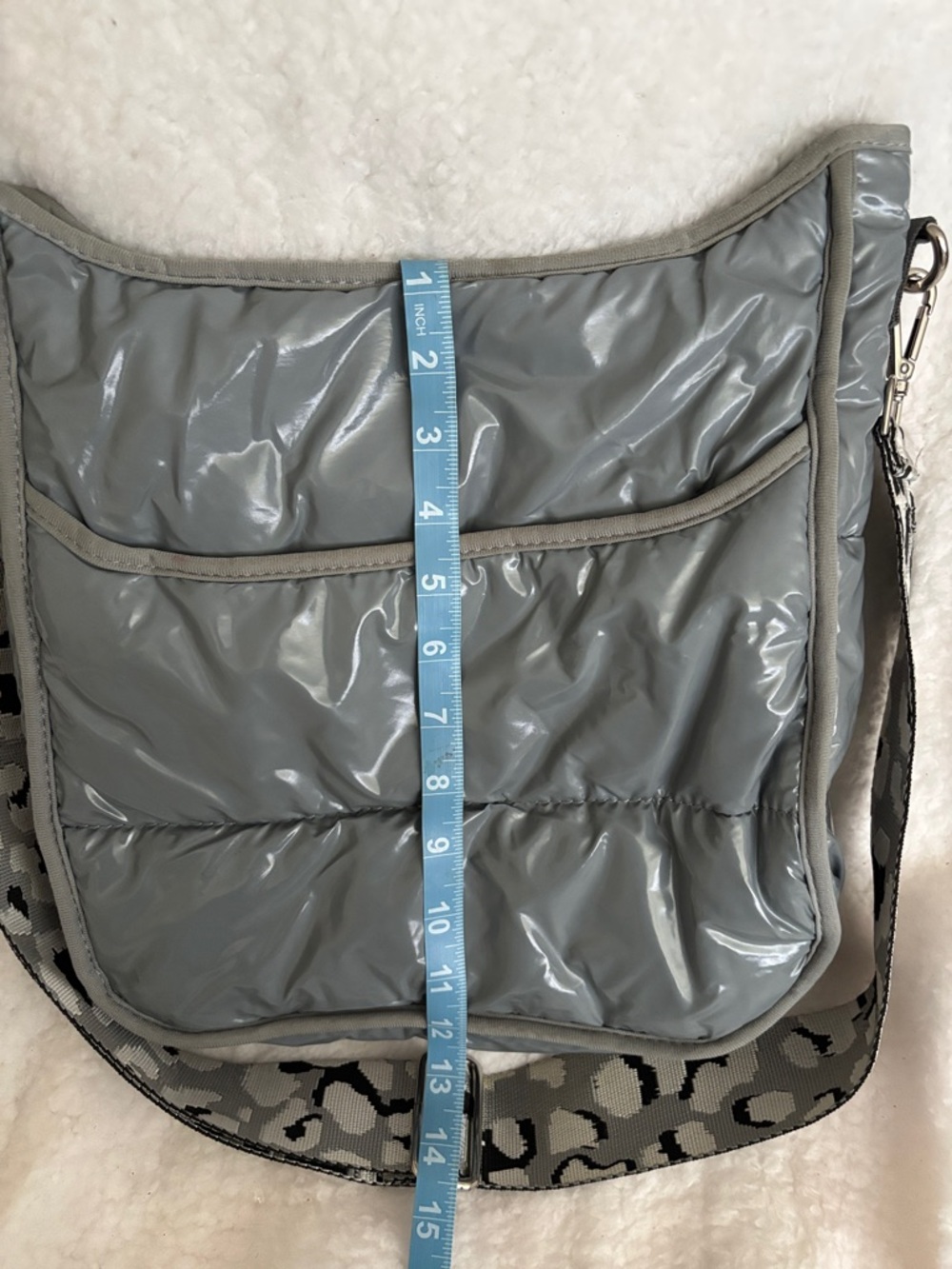 Quilted Crossbody Bag in Glossy Gray with Patterned Strap - Picture 6 of 7
